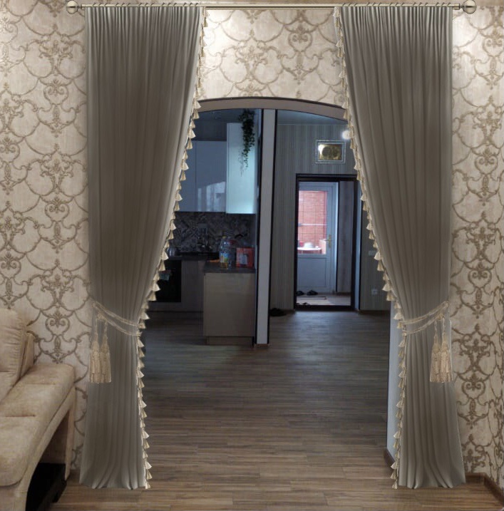 Эскиз на фото бархатные шторы с бахромой в проем двери